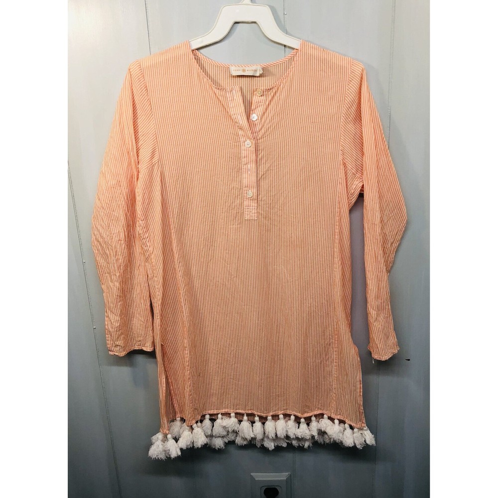 Tory Burch Beach Cover-Up Tunic Orange & White Stripe Sz XS Tassel Detail